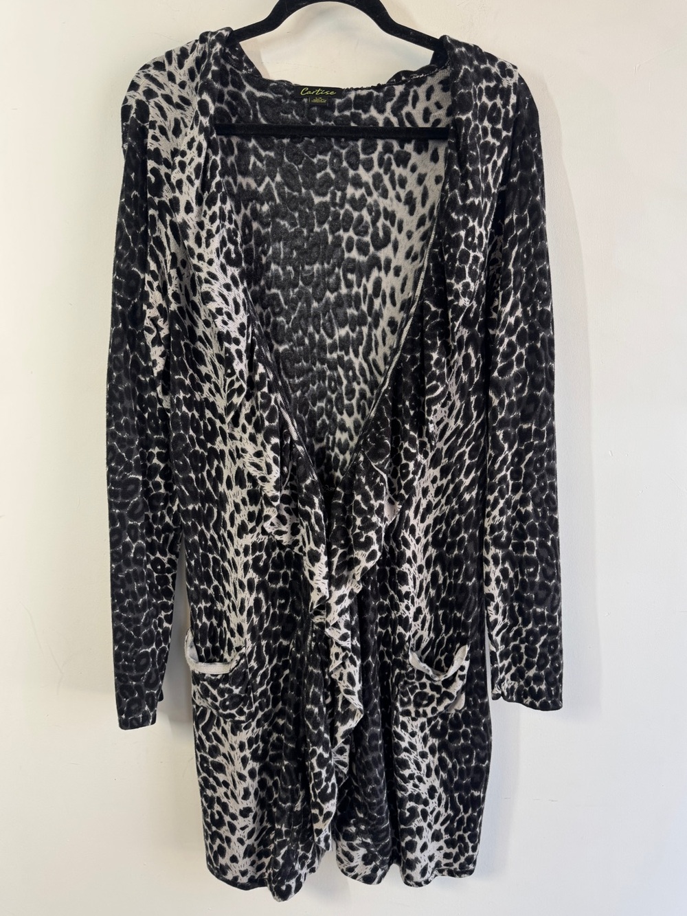 Cartise Y2K Animal Print Open Cardigan Black Gray Large Waterfall Lightweight